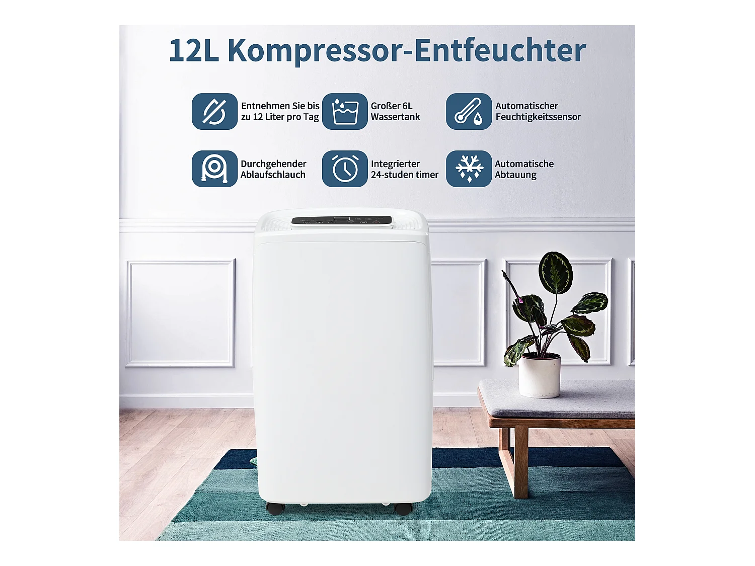 Deshumidificador 12L/día, 3 en 1, Deshumidificador, Purificador y Secador de Aire, Tanque de 1.5L, Temporizador de 24h, Pantalla LED, para 15㎡, Blanco