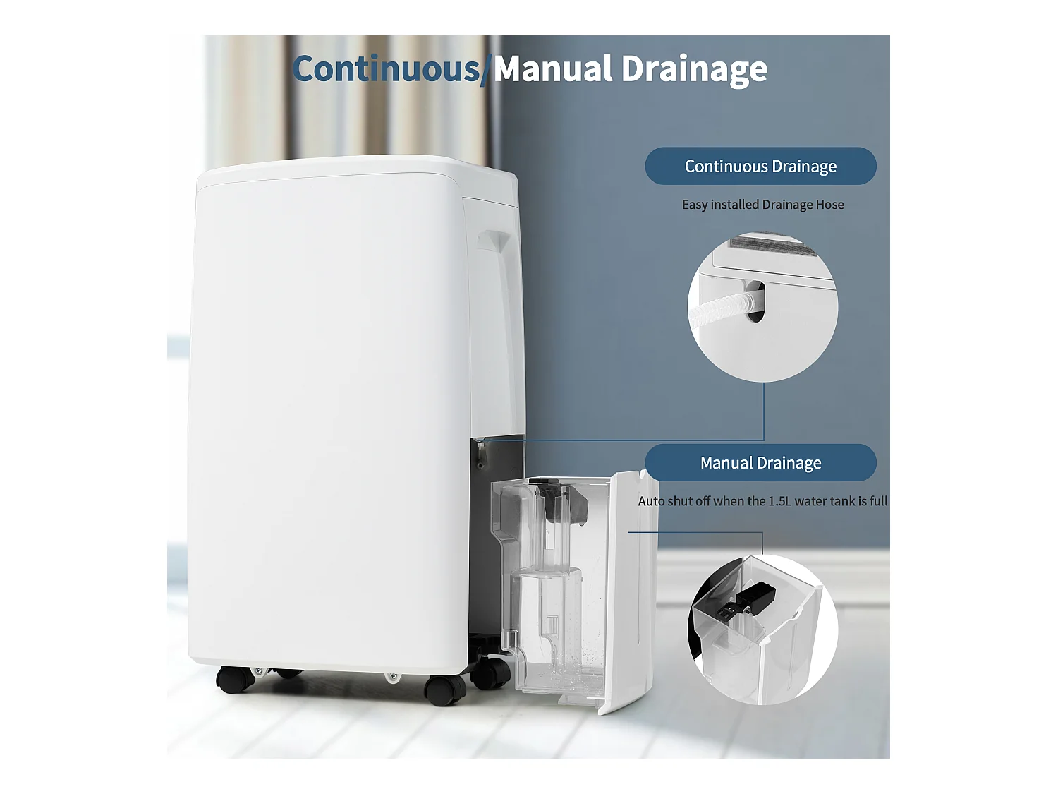 Deshumidificador 12L/día, 3 en 1, Deshumidificador, Purificador y Secador de Aire, Tanque de 1.5L, Temporizador de 24h, Pantalla LED, para 15㎡, Blanco