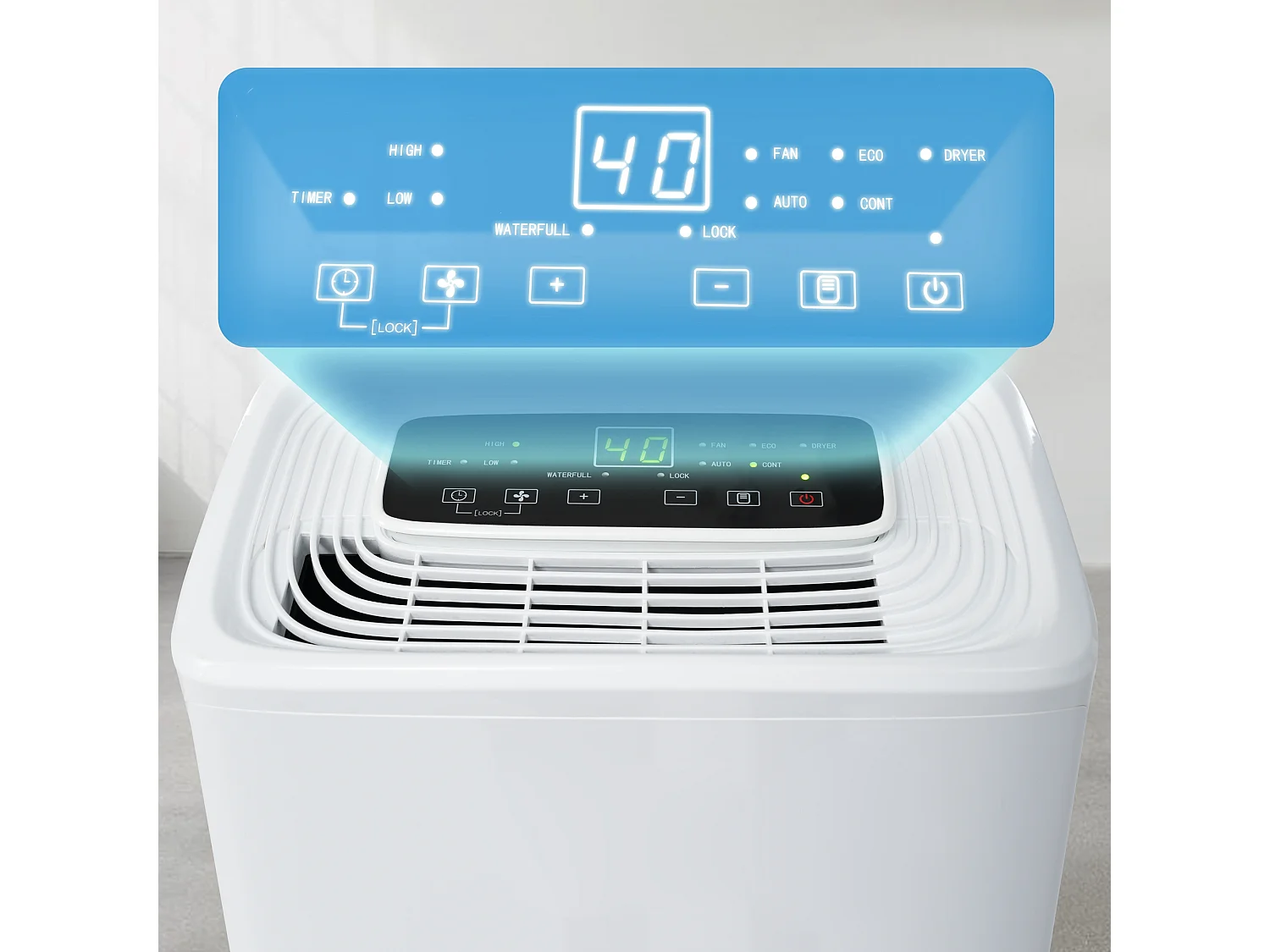 Déshumidificateur 12L/jour, 3 en 1, déshumidificateur, purificateur d'air et séchoir, réservoir de 1.5L, minuterie 24h, écran LED, pour 15㎡, Blanc