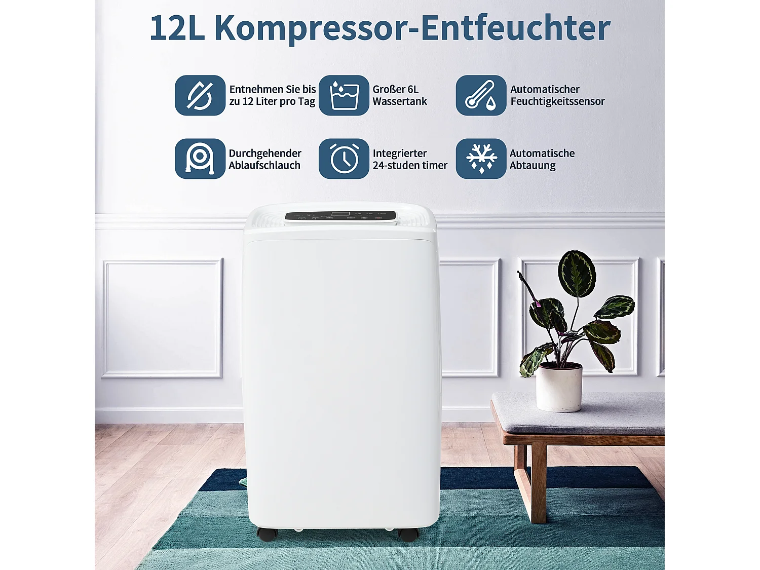 Déshumidificateur 12L/jour, 3 en 1, déshumidificateur, purificateur d'air et séchoir, réservoir de 1.5L, minuterie 24h, écran LED, pour 15㎡, Blanc