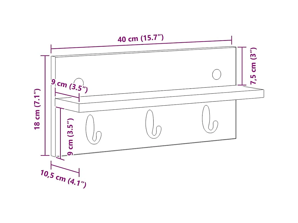 Sonoma wandkapstok met plank, grijs, 40 x 10,5 x 18 cm