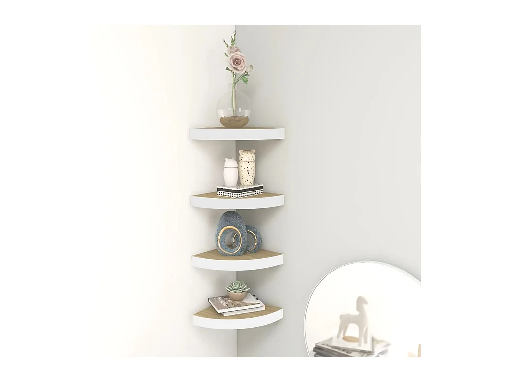 Étagères d'angle murales 4 pcs Chêne et blanc 25x25x3,8 cm MDF