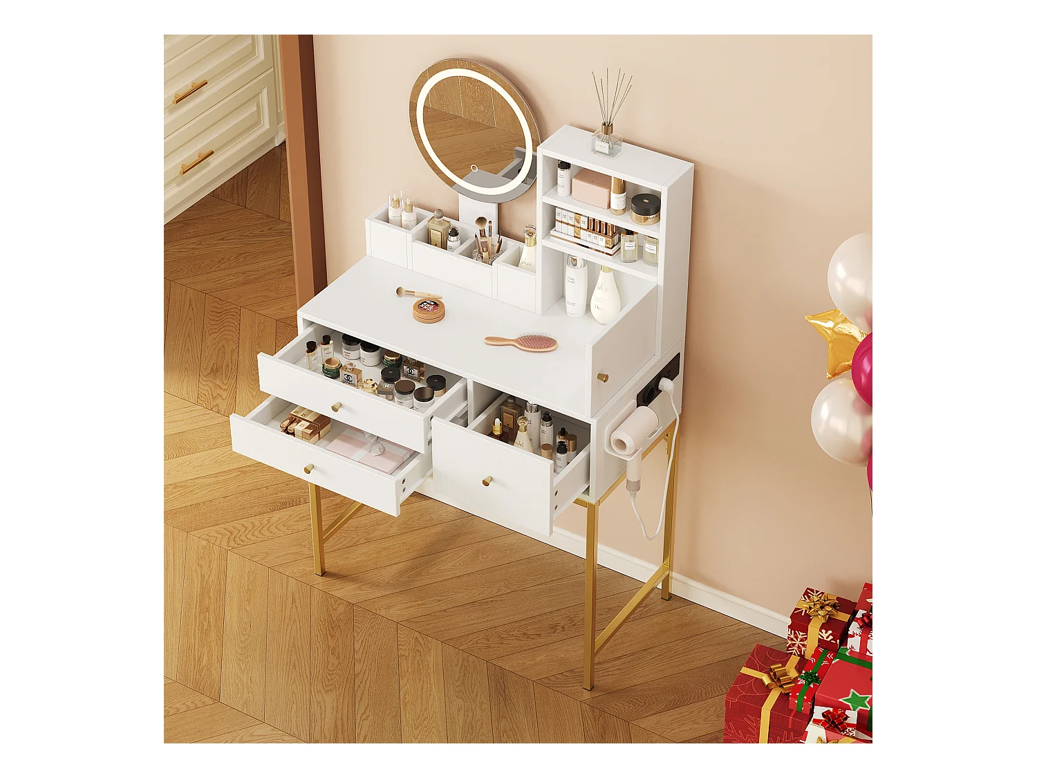 Tocador con LED - 80 x 40 x 134 cm - con 3 cajones + 1 puerta + 1 espejo - MDF - blanco