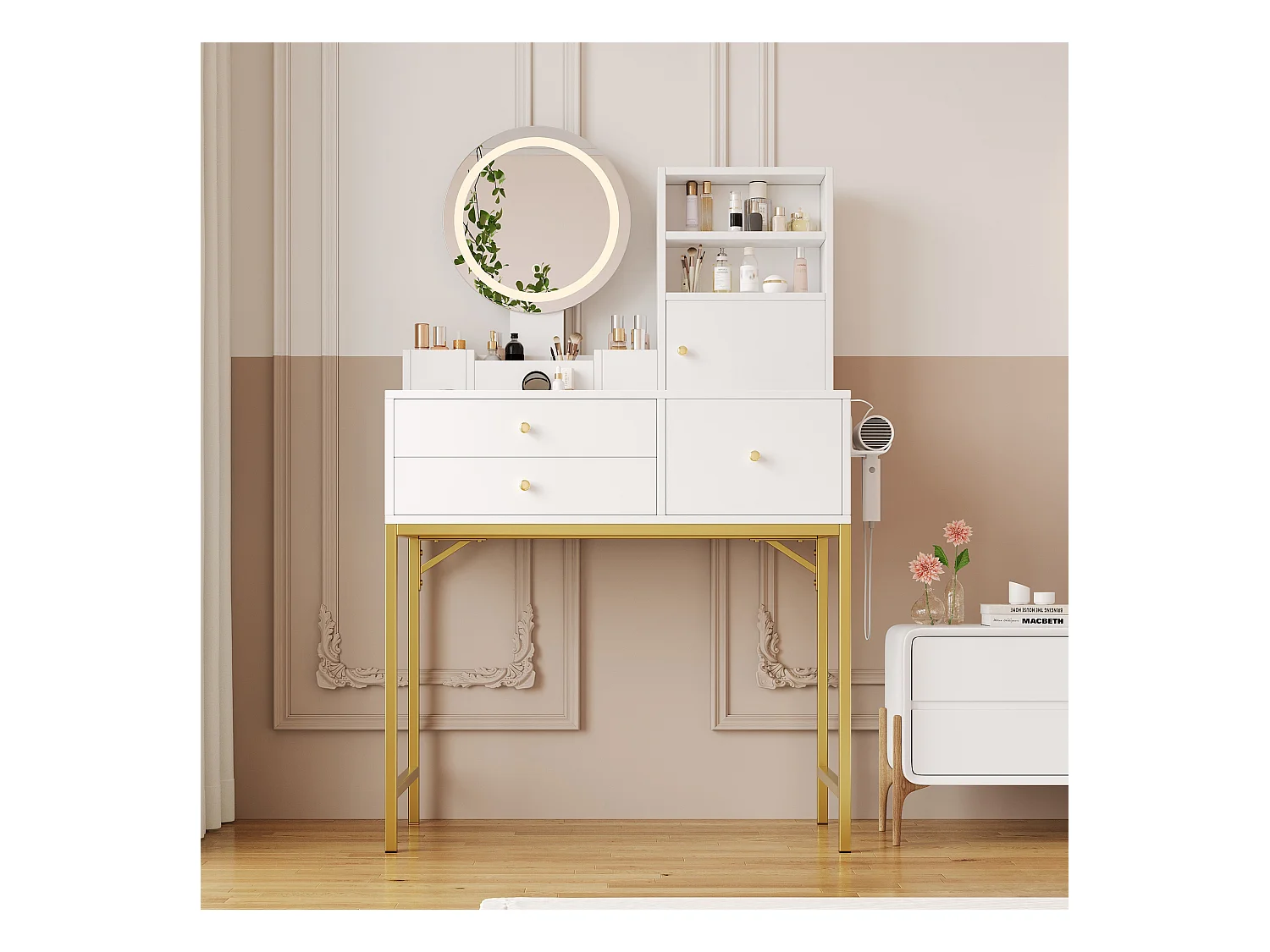 Tocador con LED - 80 x 40 x 134 cm - con 3 cajones + 1 puerta + 1 espejo - MDF - blanco