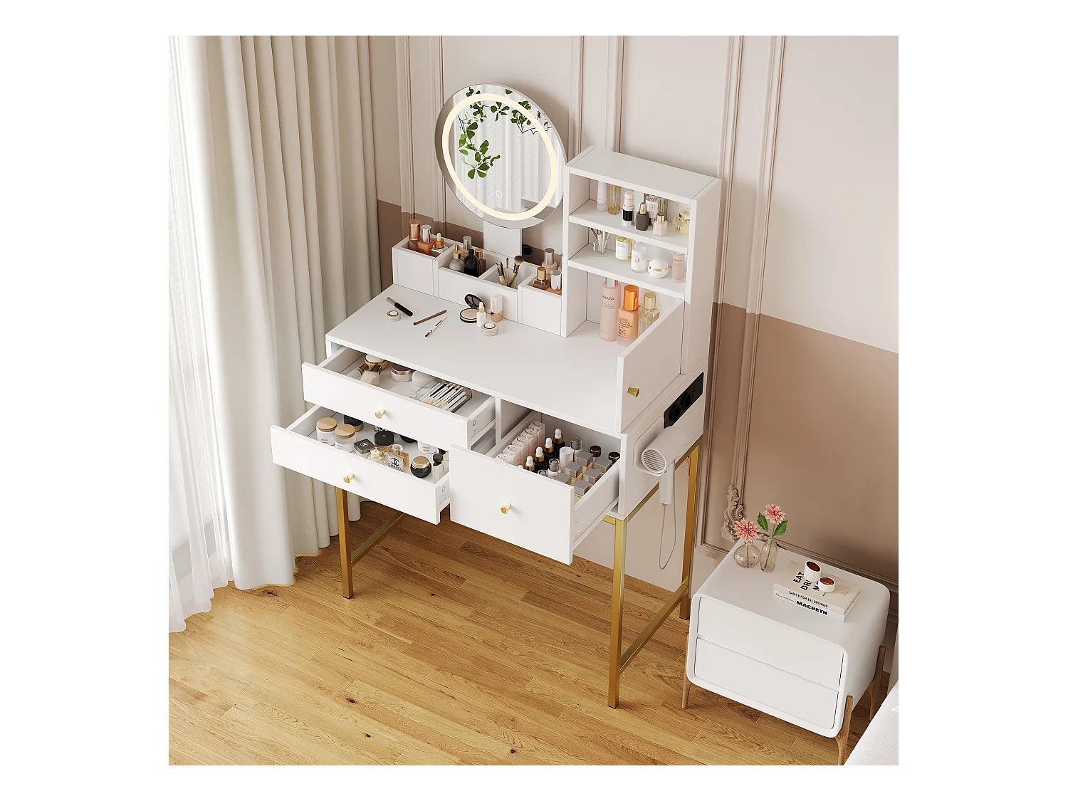 Tocador con LED - 80 x 40 x 134 cm - con 3 cajones + 1 puerta + 1 espejo - MDF - blanco