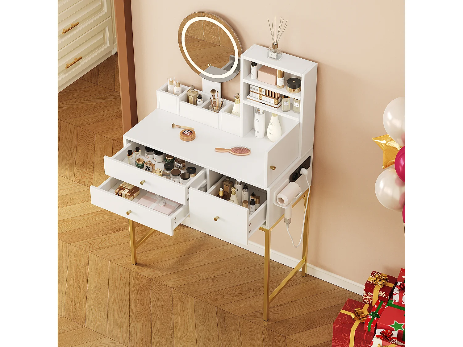 Schminktisch mit LEDs - 80 x 40 x 134 cm - mit 3 Schubladen + 1 Tür + 1 Spiegel - MDF - weiß