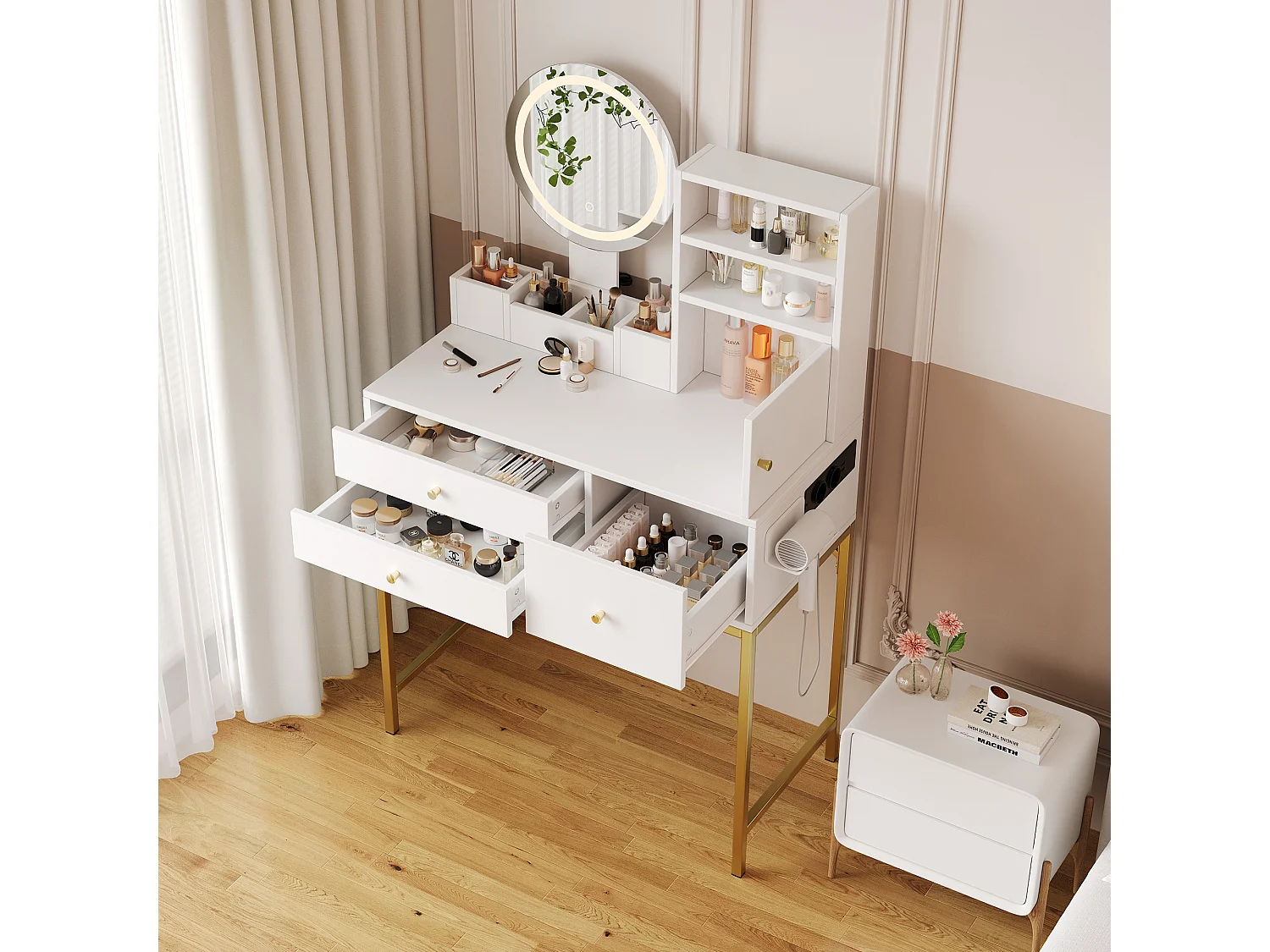 Schminktisch mit LEDs - 80 x 40 x 134 cm - mit 3 Schubladen + 1 Tür + 1 Spiegel - MDF - weiß