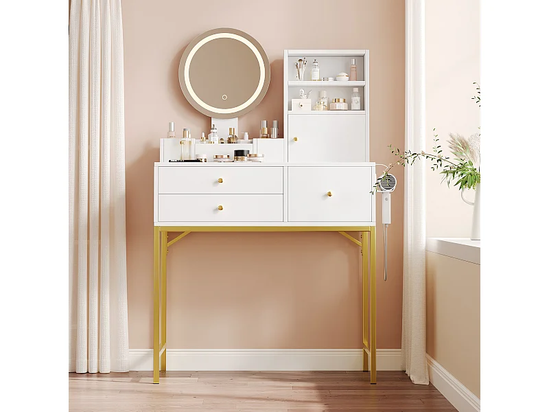 Coiffeuse avec Leds - 80 x 40 x 134 cm - avec 3 tiroirs + 1 porte + 1 miroir - MDF - blanc