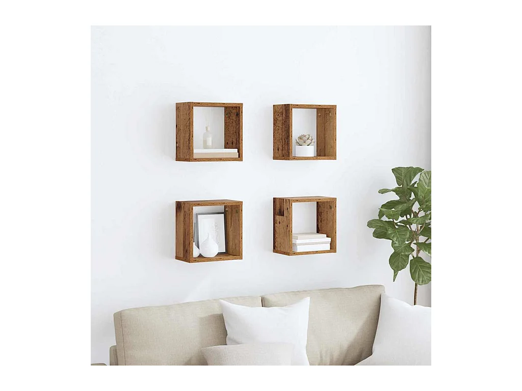 Étagères murales avec étagère 4 pcs Bois ancien 26 x 15 x 26 cm