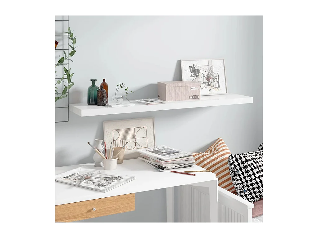 Mensola sospesa da parete Bianco lucido 120x23,5x3,8 cm MDF