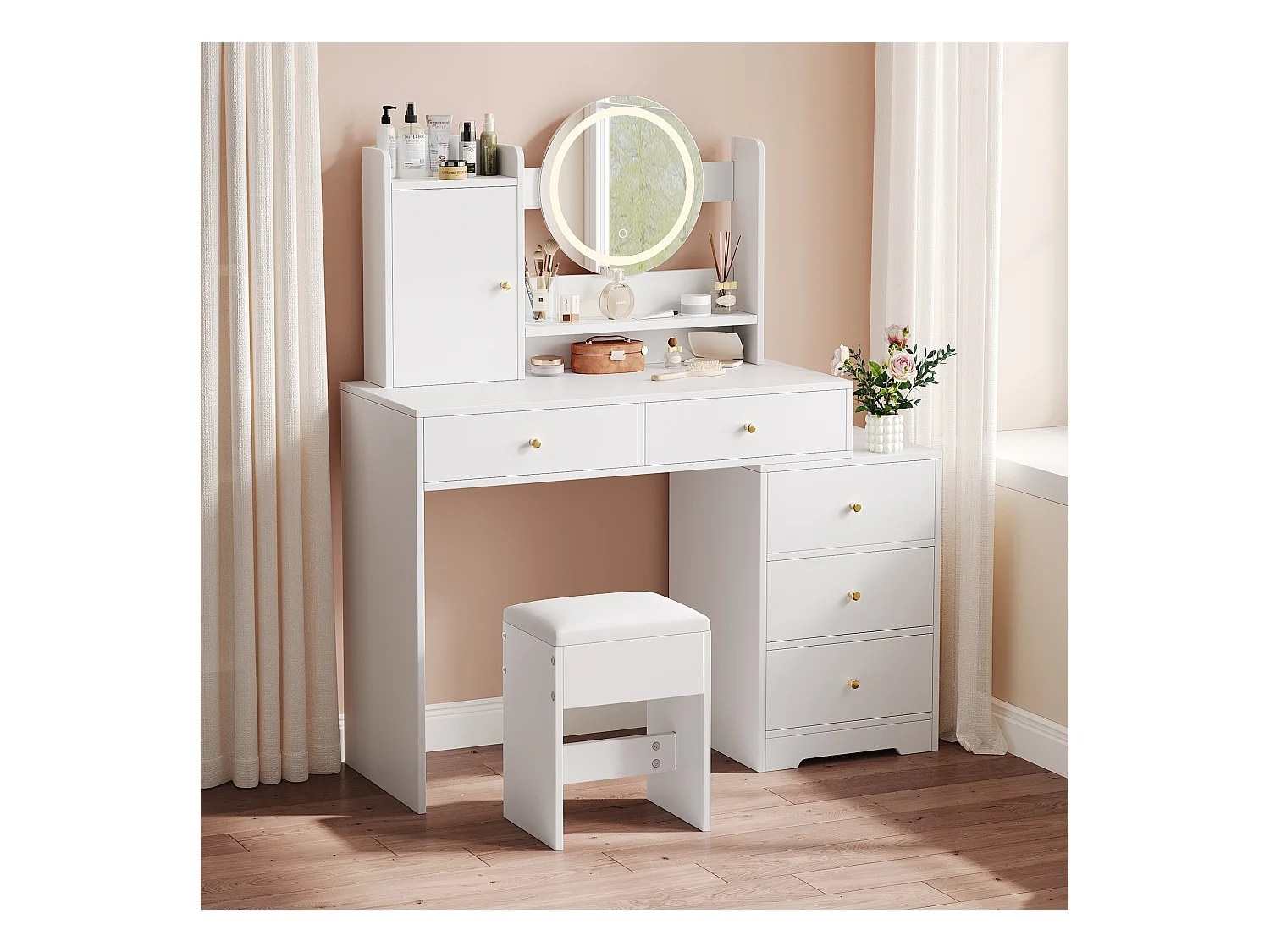 Tocador con LED - 90 x 40 x 132 cm - con 1 taburete + 5 cajones + 1 espejo + 1 puerta - MDF - blanco