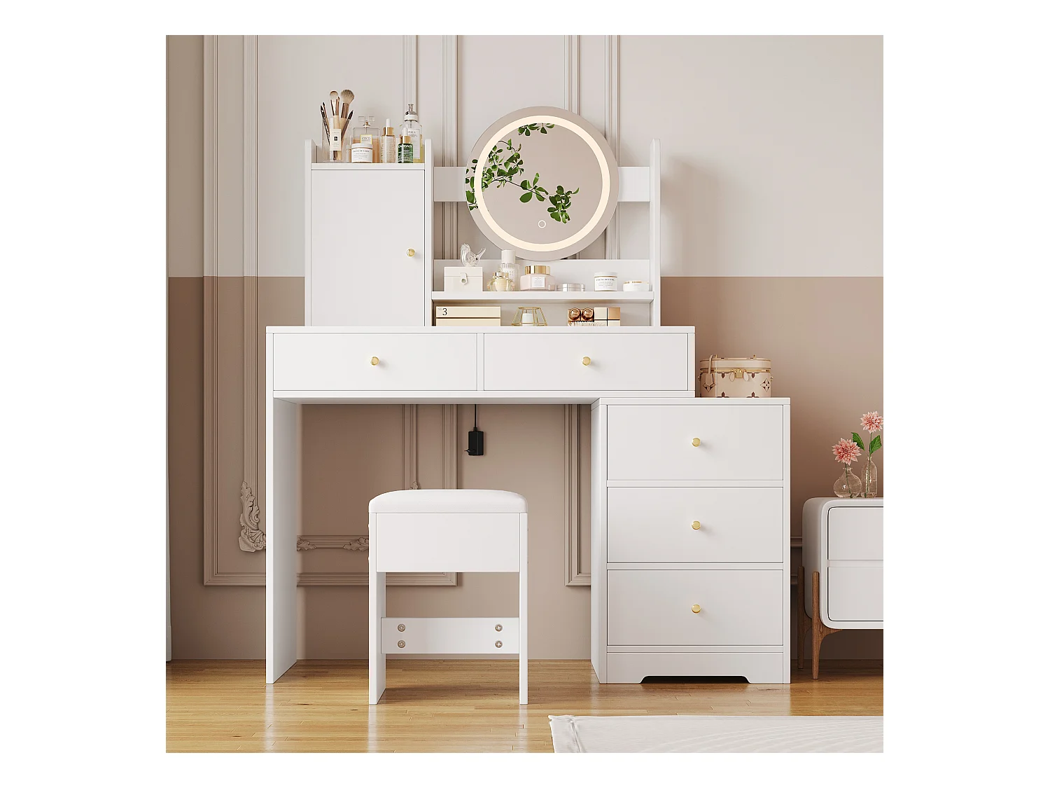 Tocador con LED - 90 x 40 x 132 cm - con 1 taburete + 5 cajones + 1 espejo + 1 puerta - MDF - blanco