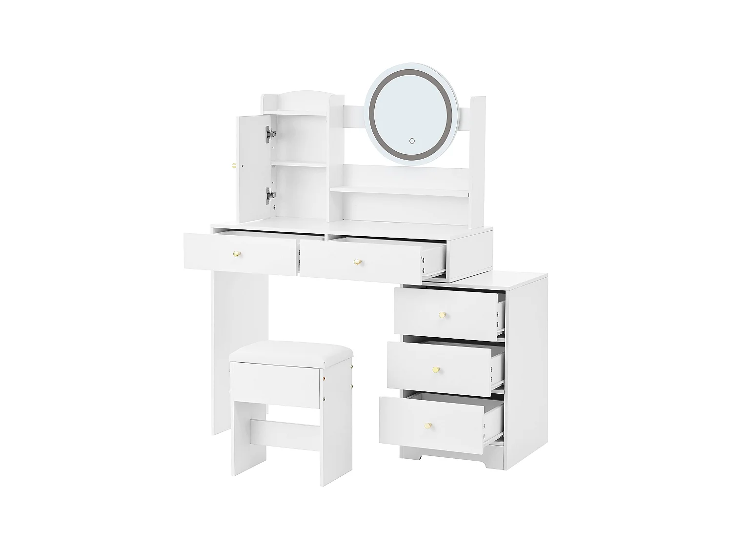 Tocador con LED - 90 x 40 x 132 cm - con 1 taburete + 5 cajones + 1 espejo + 1 puerta - MDF - blanco