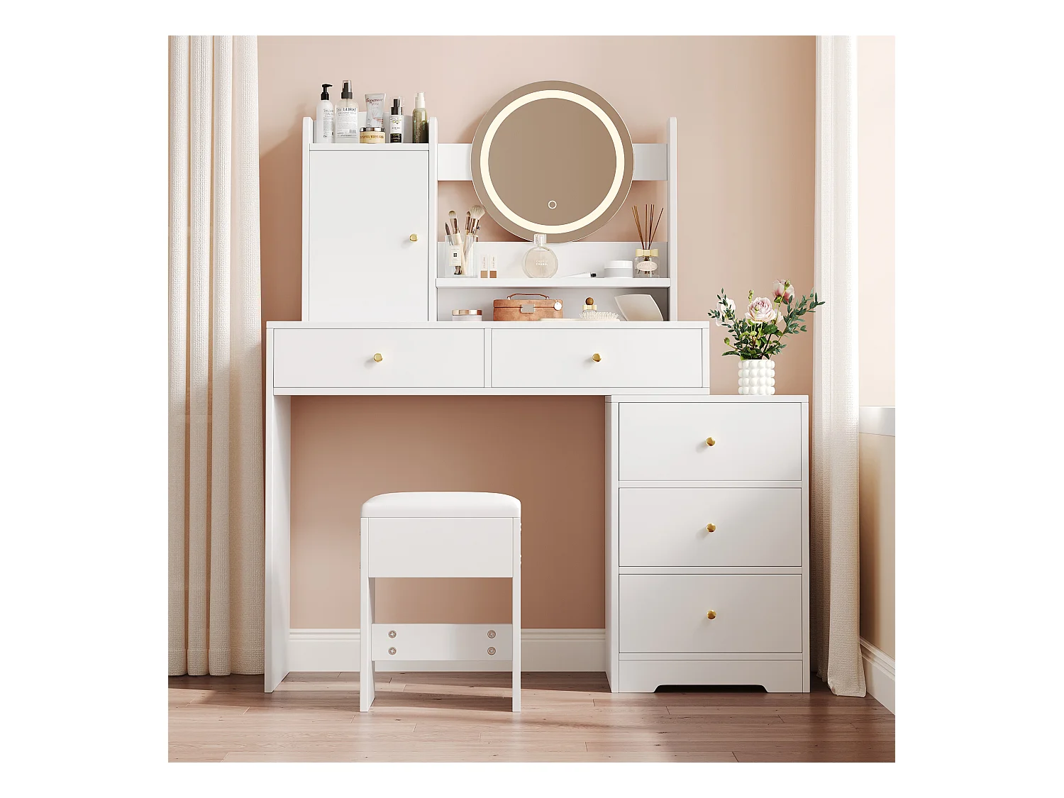 Schminktisch mit LEDs - 90 x 40 x 132 cm - mit 1 Hocker + 5 Schubladen + 1 Spiegel + 1 Tür - MDF - weiß