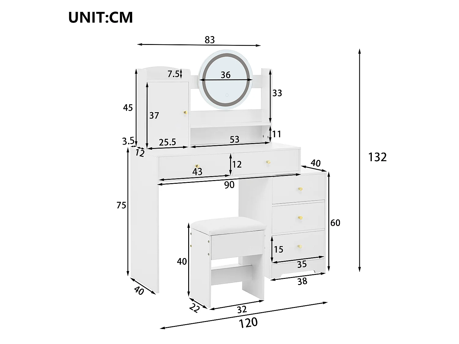 Sminkebord med LED-lys – 90 x 40 x 132 cm – Inkl. 1 skammel, 5 skuffer, 1 spejl og 1 låge – MDF – Hvidt