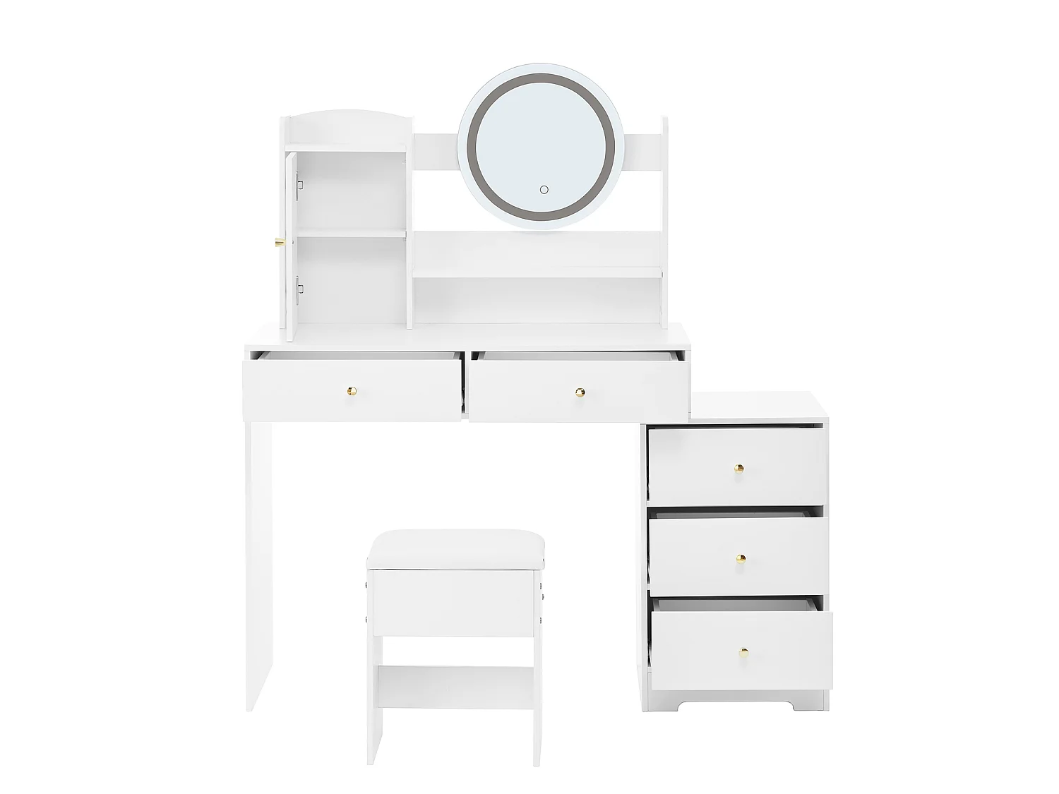 Sminkebord med LED-lys – 90 x 40 x 132 cm – Inkl. 1 skammel, 5 skuffer, 1 spejl og 1 låge – MDF – Hvidt