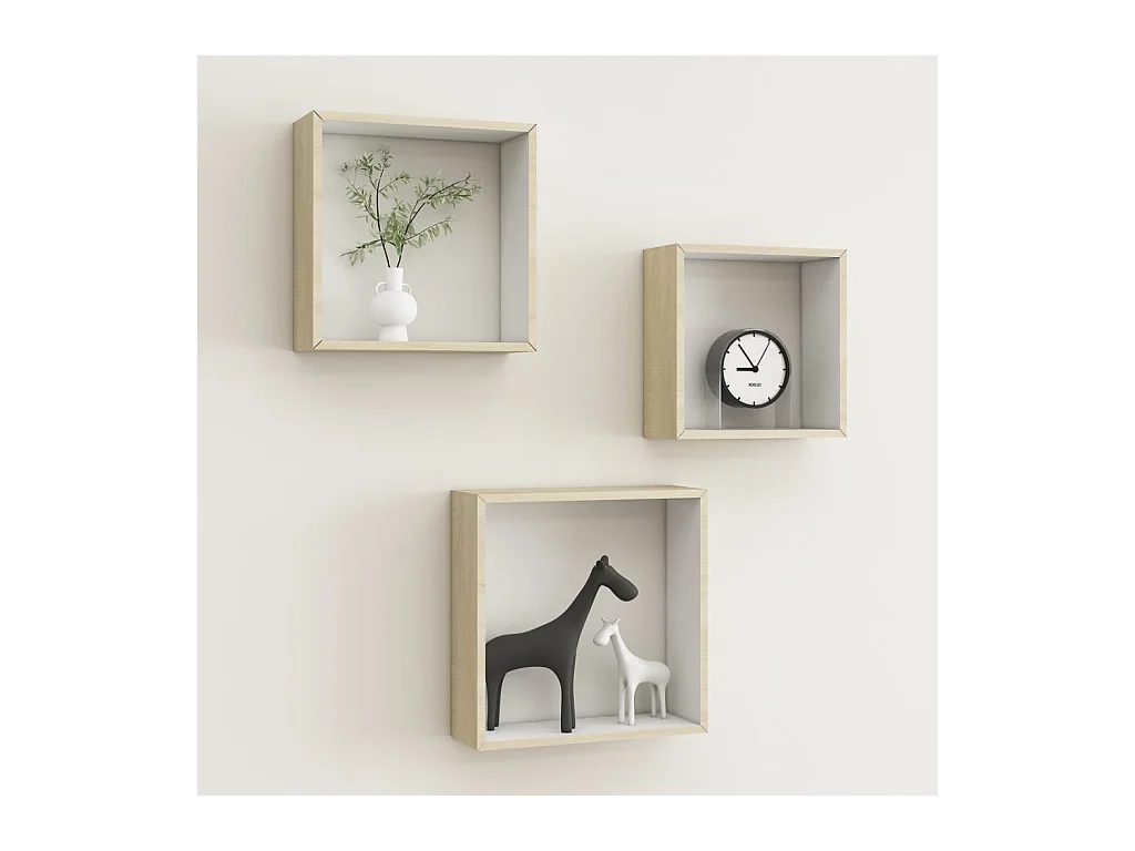 Mensole da parete a cubo da 3 pezzi, bianche e rovere Sonoma
