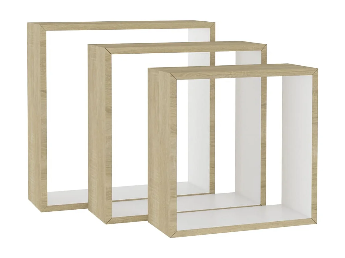 Mensole da parete a cubo da 3 pezzi, bianche e rovere Sonoma