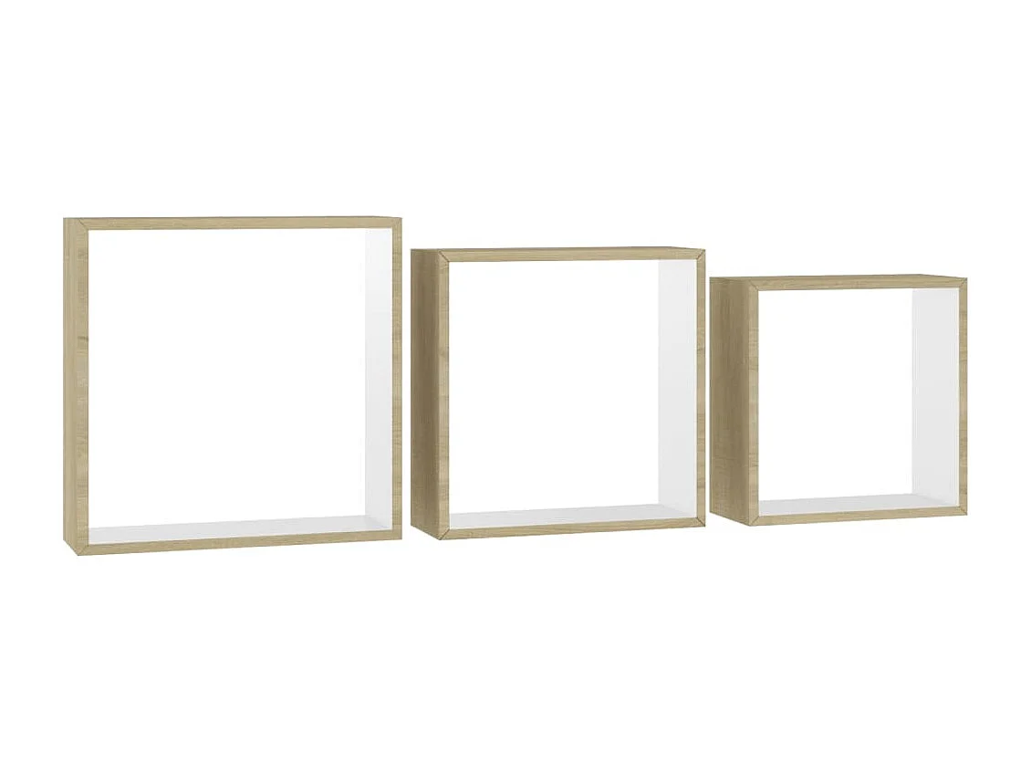 Mensole da parete a cubo da 3 pezzi, bianche e rovere Sonoma