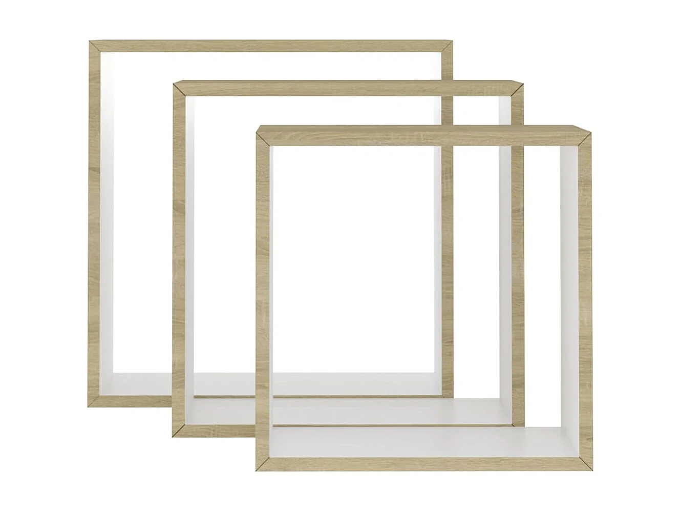 Mensole da parete a cubo da 3 pezzi, bianche e rovere Sonoma