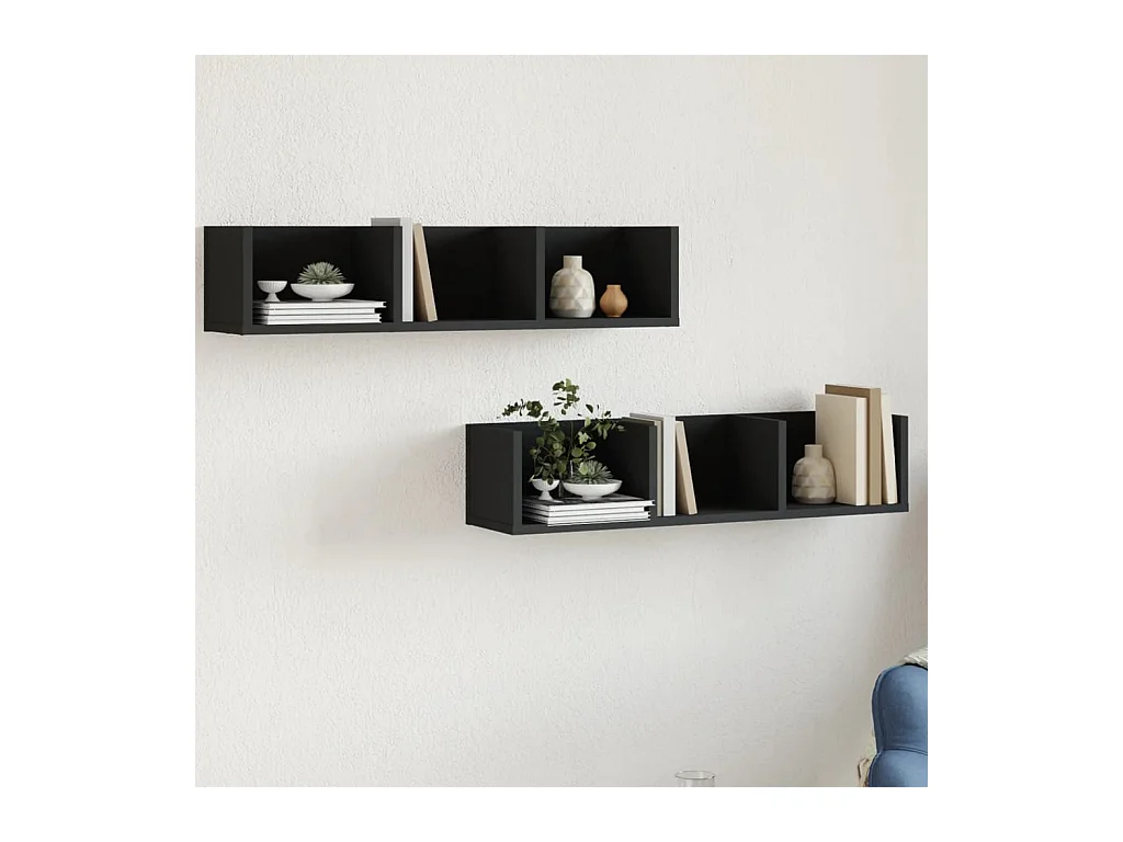 Wandkasten 2 stuks zwart 75x18x16,5 cm bewerkt hout