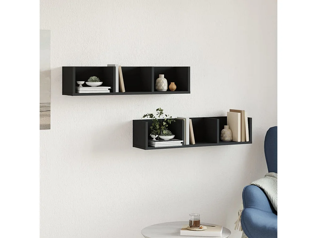 Wandkasten 2 stuks zwart 75x18x16,5 cm bewerkt hout