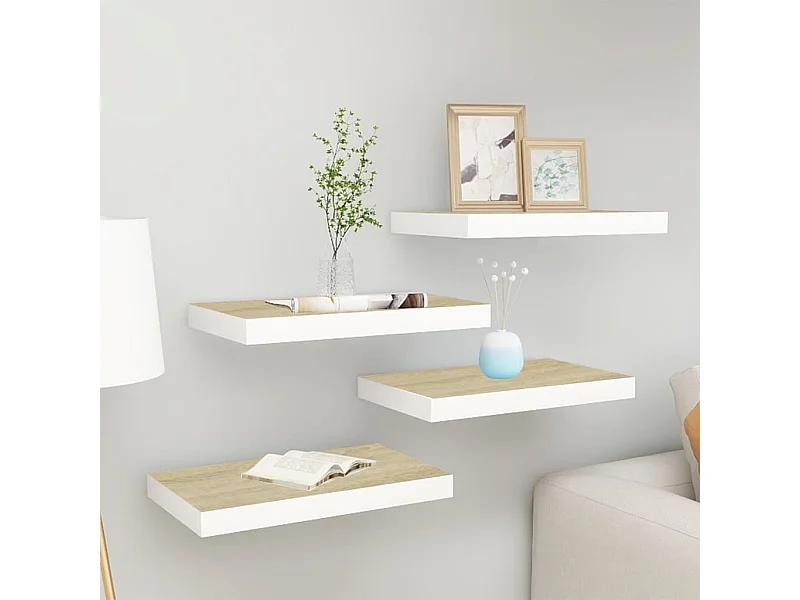 Estantes flotantes 4 piezas roble y blanco 50x23x3,8 cm MDF