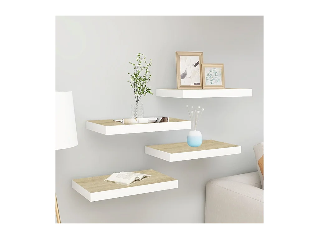 Mensole sospese 4 pezzi rovere e bianco 50x23x3,8 cm MDF