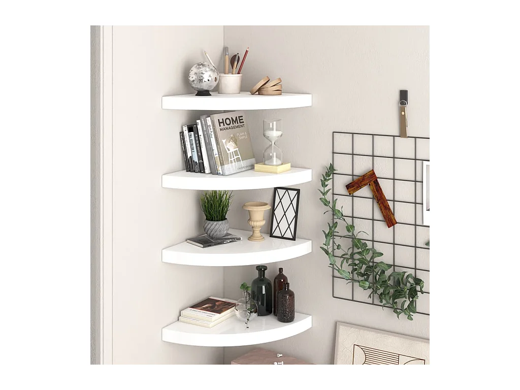 Mensole angolari galleggianti 4 pezzi bianco lucido 35x35x3,8 cm MDF