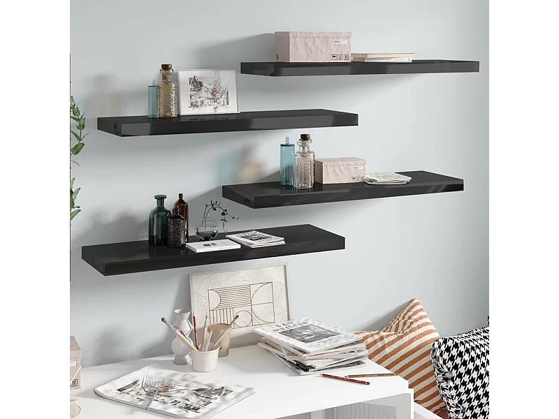 Étagère murale flottante 4 pcs Noir brillant 80x23,5x3,8 cm MDF