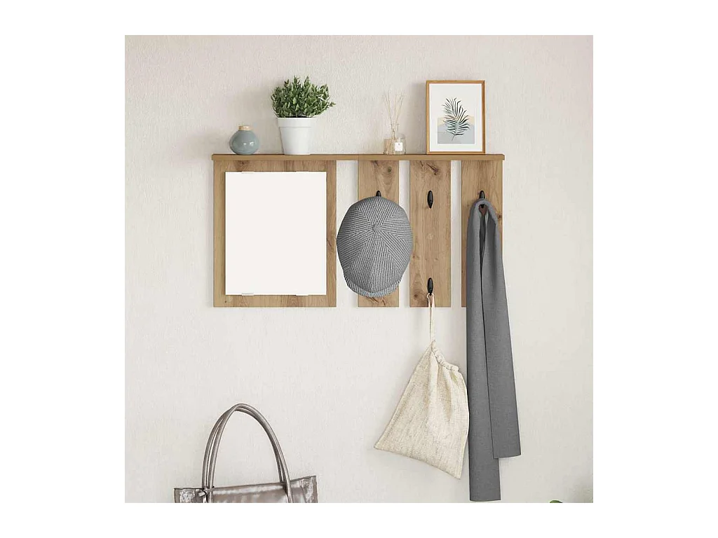 Perchero de pared con espejo, roble artesanal, 85 x 10 x 45 cm