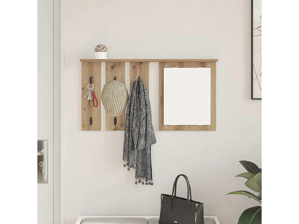 Porte-manteau mural avec miroir chêne artisanal 85 x 10 x 45 cm