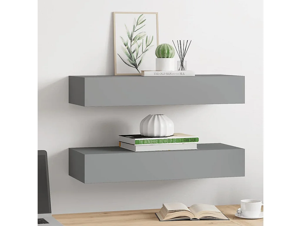 Étagères à tiroirs murales 2 pcs gris 60x23,5x10 cm MDF
