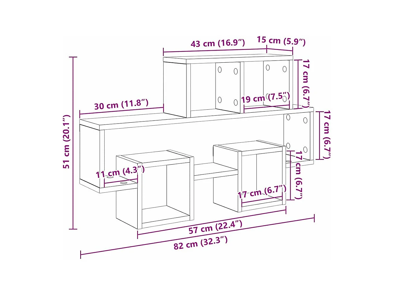 Wandplank met plank, handgemaakt eikenhout, 82 x 15 x 51 cm