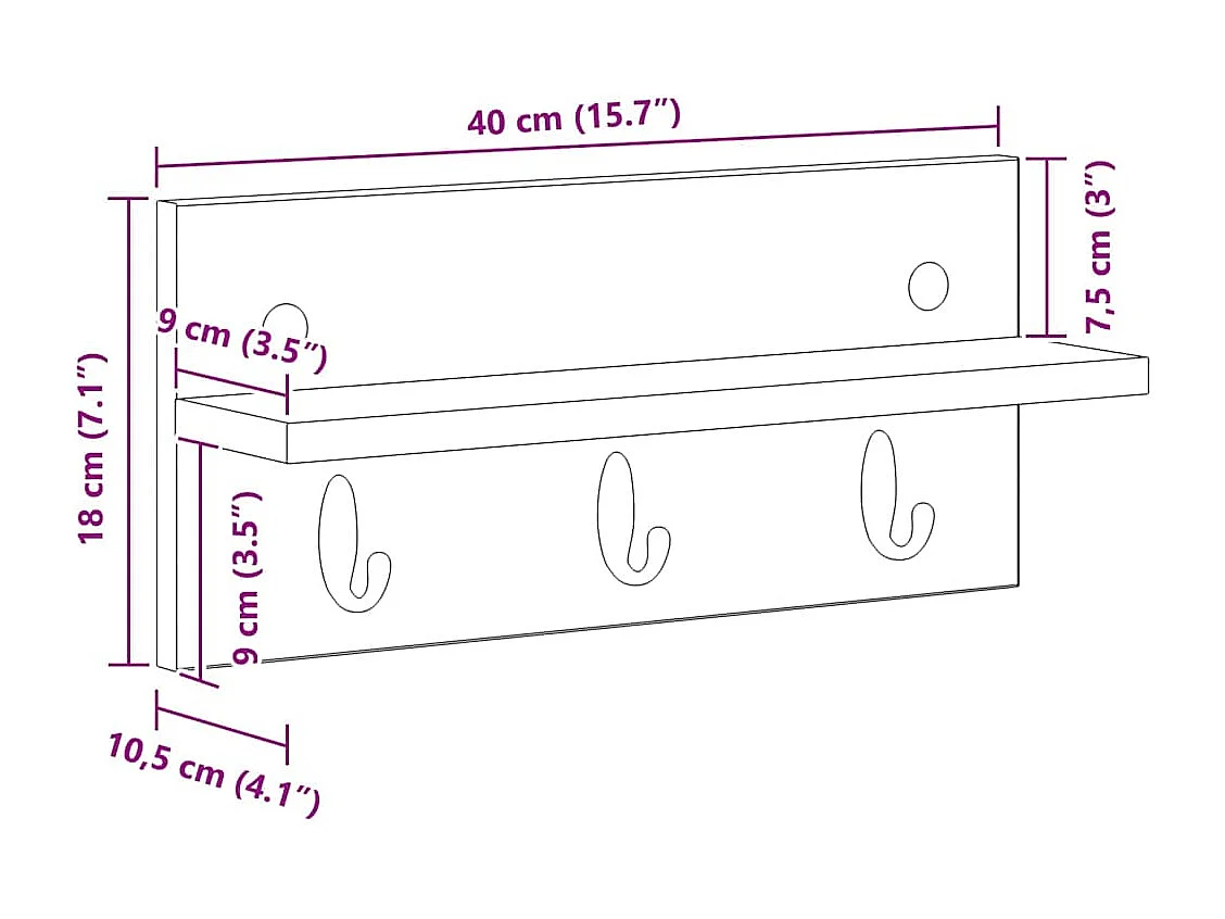 Appendiabiti da parete in rovere fatto a mano 40 x 10,5 x 18 cm