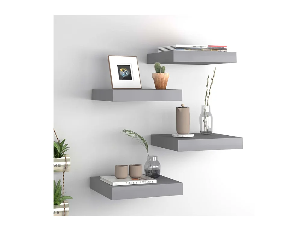 Mensole da parete sospese 4 pezzi grigio 23x23,5x3,8 cm MDF