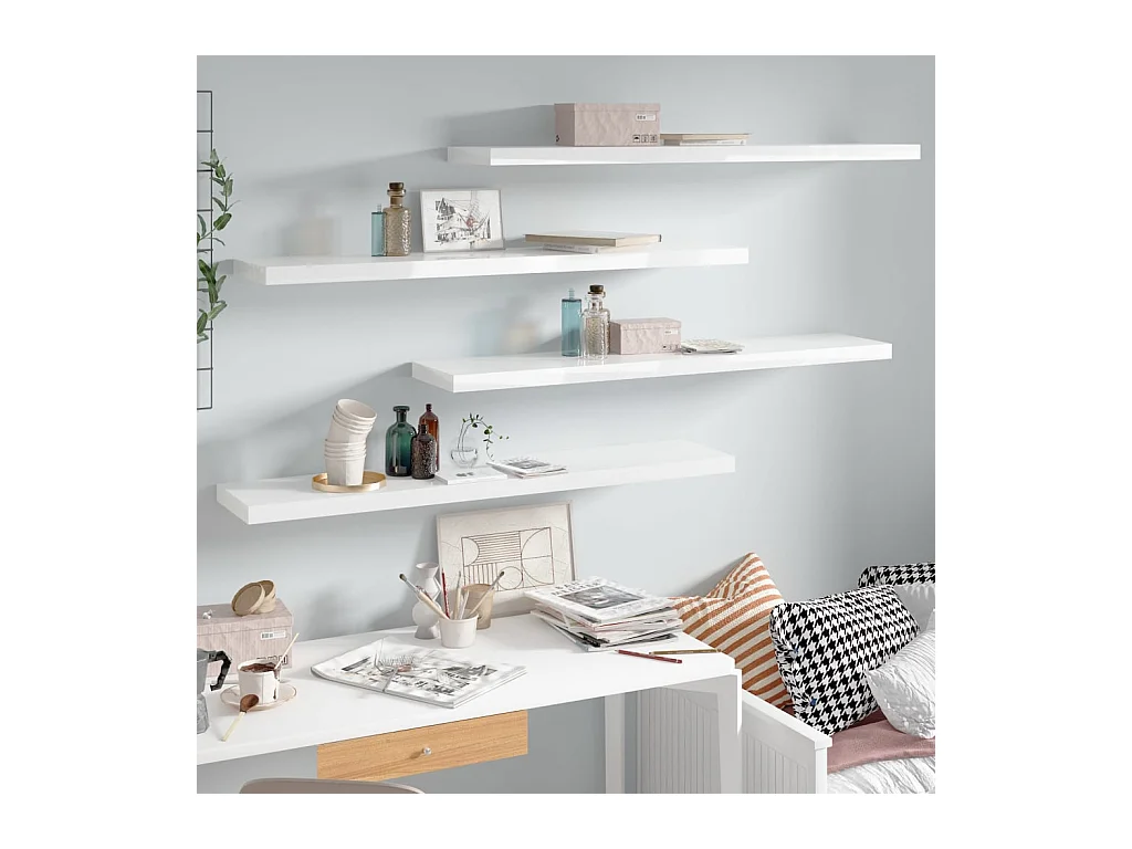 Mensola da parete galleggiante 4 pezzi bianco lucido 120x23,5x3,8 cm MDF