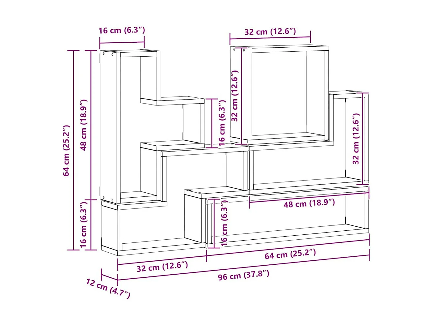Wandkubus Overig Zwart Eiken 96 x 12 x 64 cm Engineered Wood