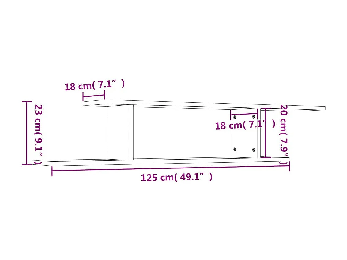 Betongrijs wandmeubel voor tv 125x18x23 cm, vervaardigd uit bewerkt hout