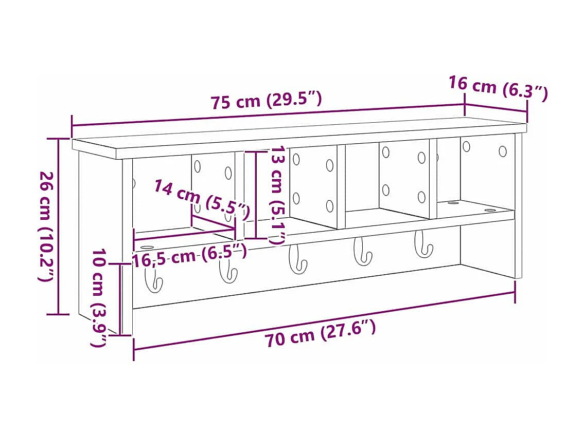 Perchero de pared con estante Sonoma, gris, 75 x 16 x 26 cm