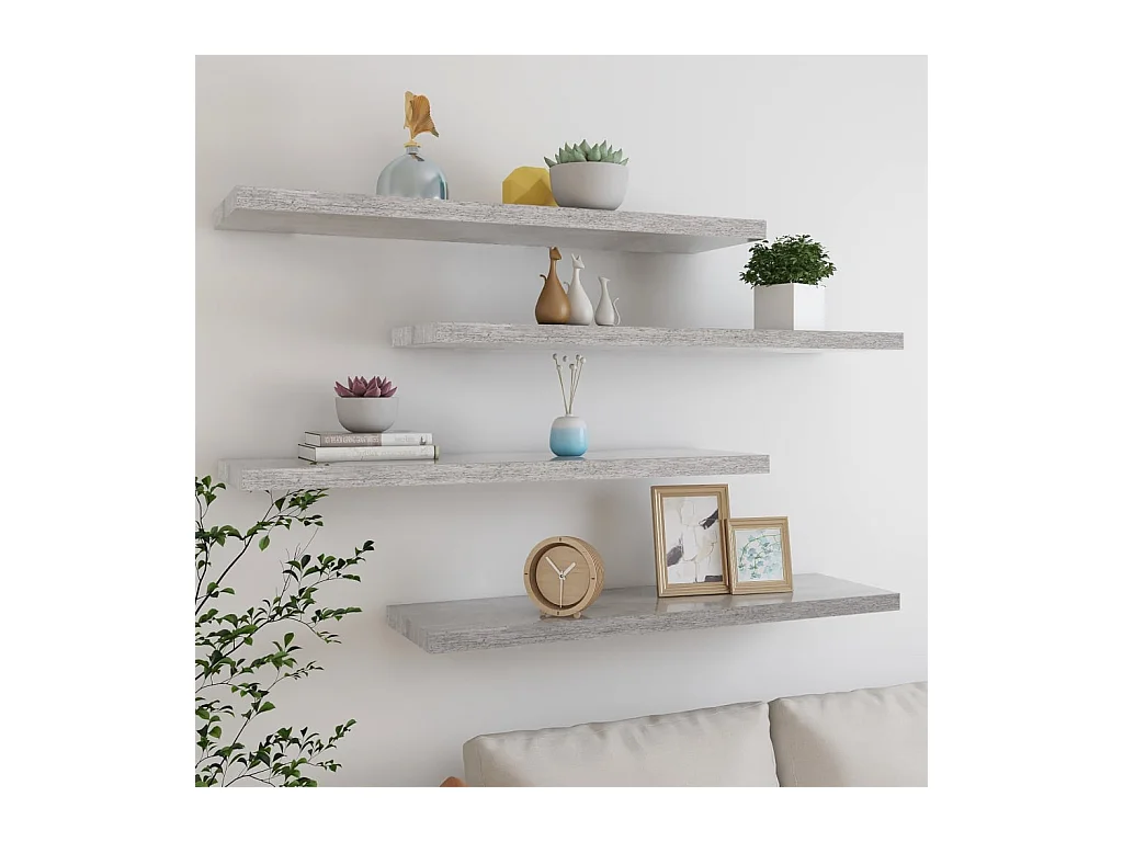 Mensole da parete sospese 4 pezzi grigio cemento 90x23,5x3,8 cm MDF