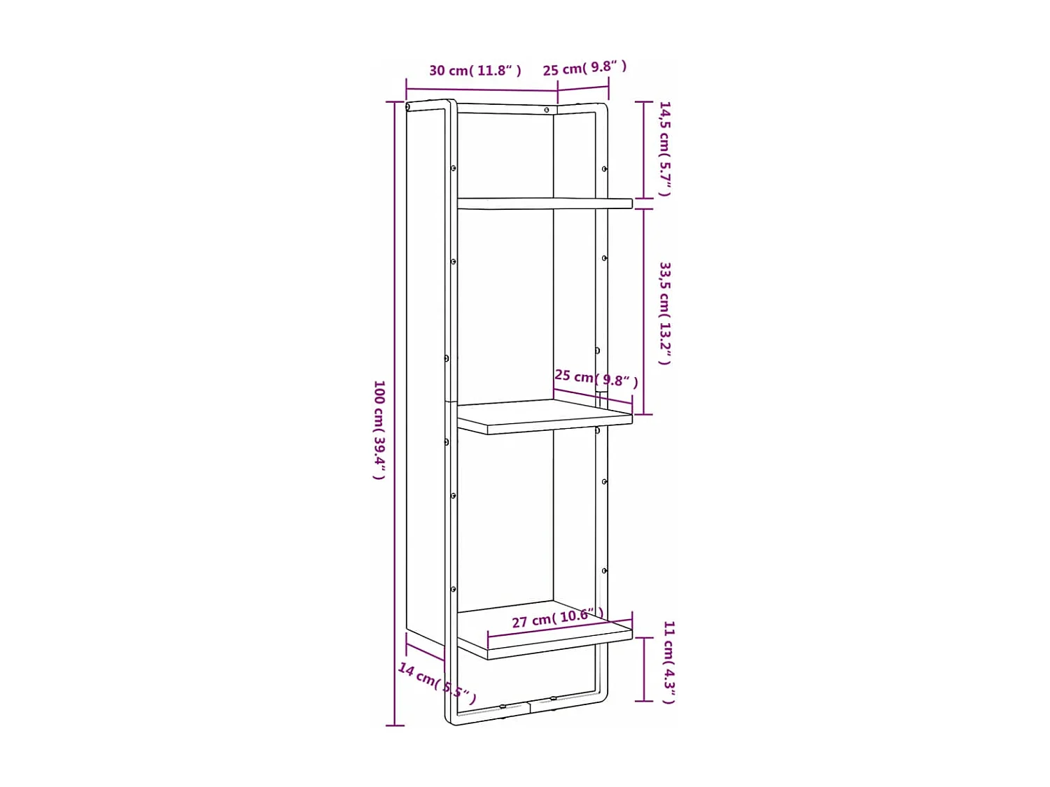 Estantería de pared de 3 niveles Sonoma gris 30x25x100 cm