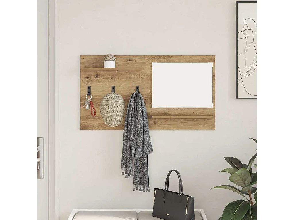 Appendiabiti da parete con specchio, rovere lavorato a mano, 90 x 10 x 50 cm