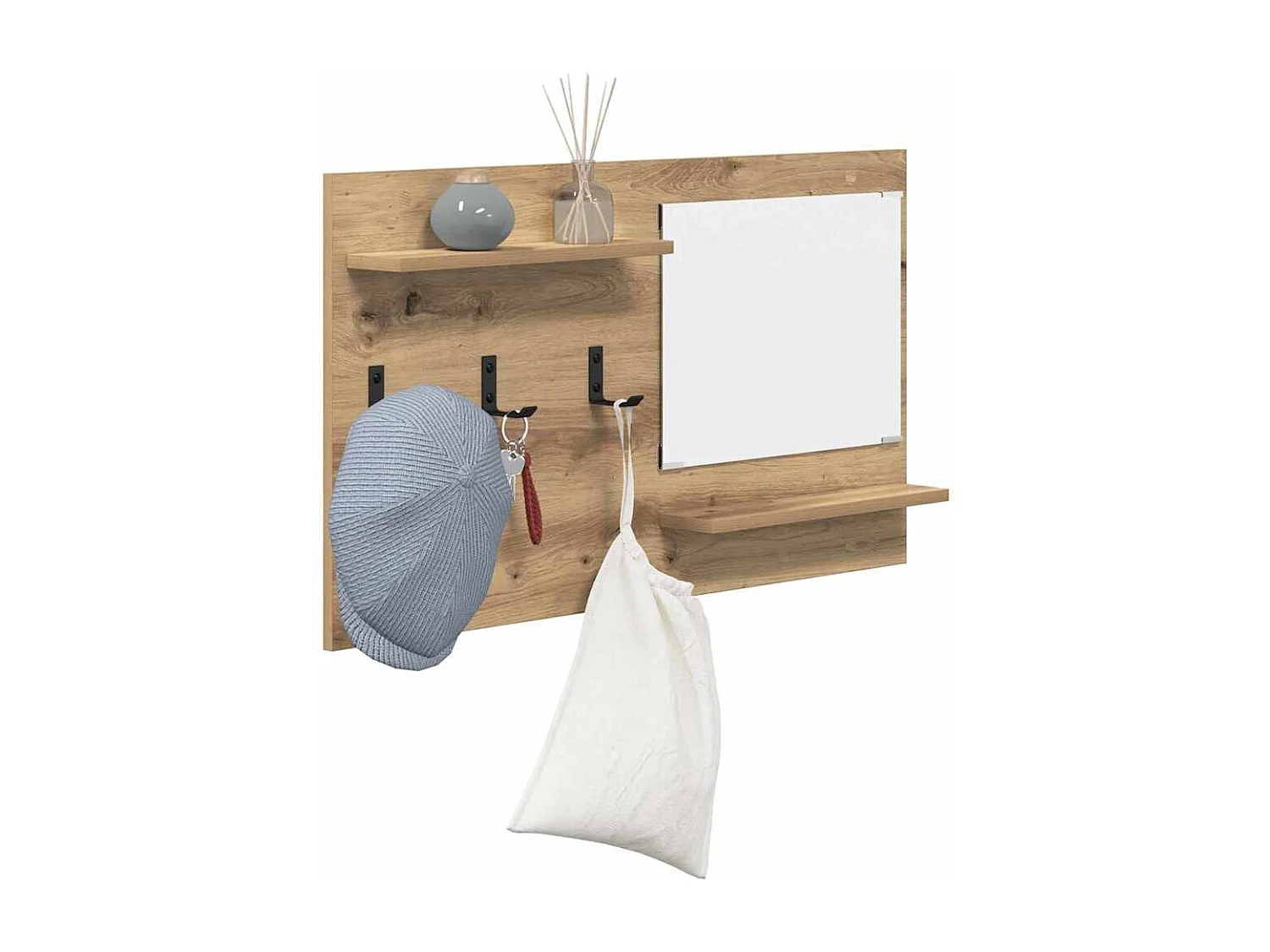 Appendiabiti da parete con specchio, rovere lavorato a mano, 90 x 10 x 50 cm