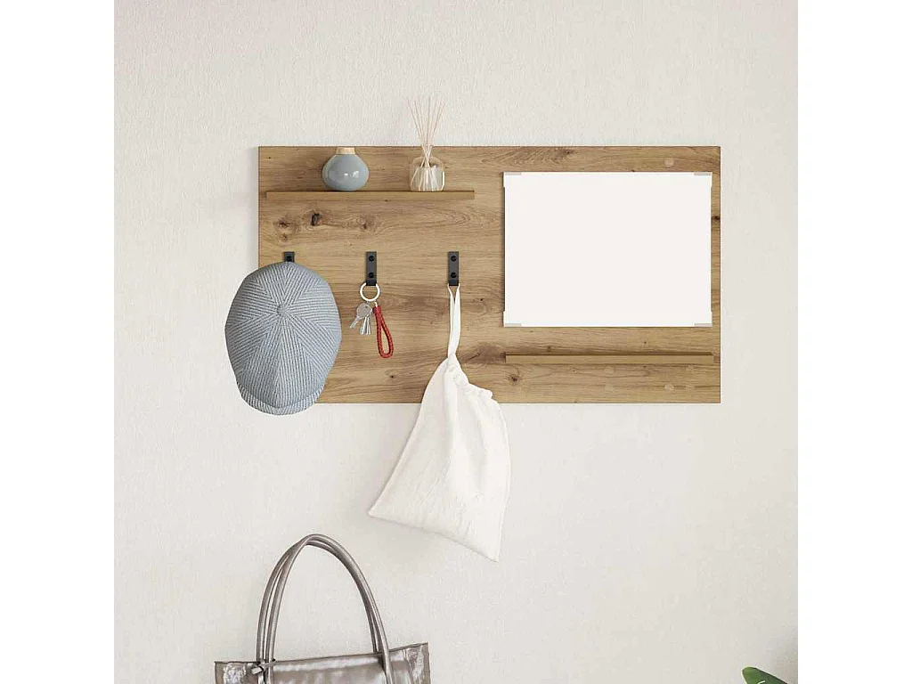 Appendiabiti da parete con specchio, rovere lavorato a mano, 90 x 10 x 50 cm