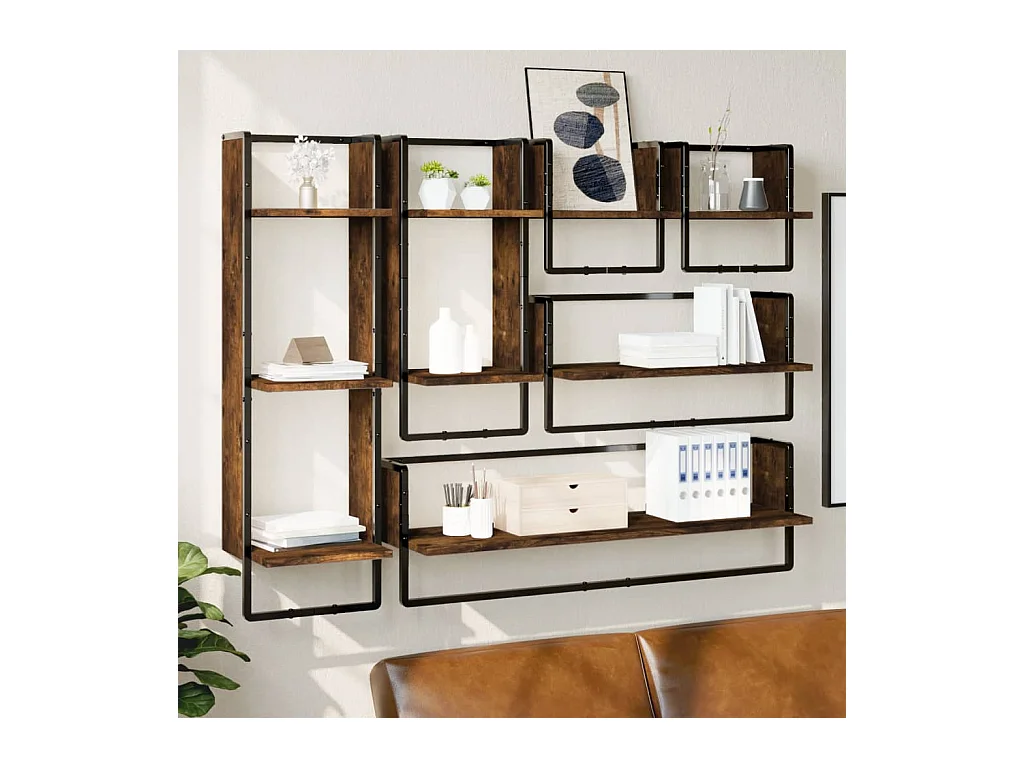 Set di 6 mensole da parete con barre, rovere affumicato