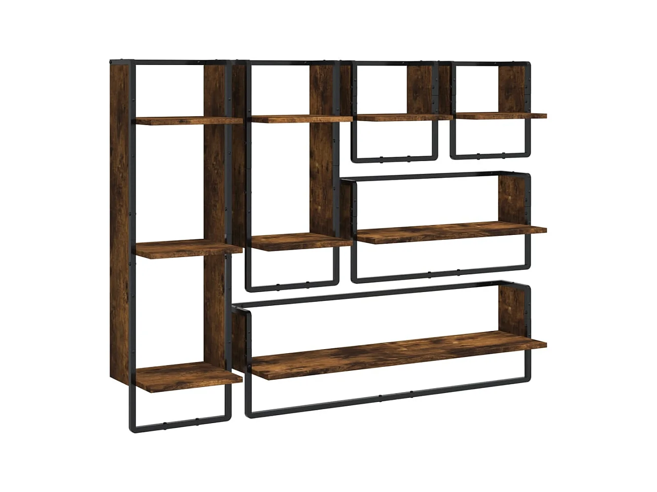 Set di 6 mensole da parete con barre, rovere affumicato