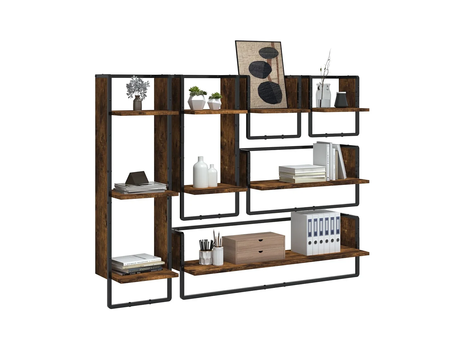 Set di 6 mensole da parete con barre, rovere affumicato