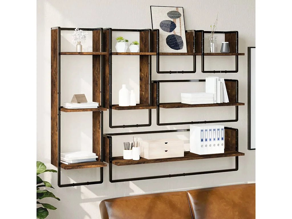 Juego de estantes de pared de 6 piezas con barras, roble ahumado