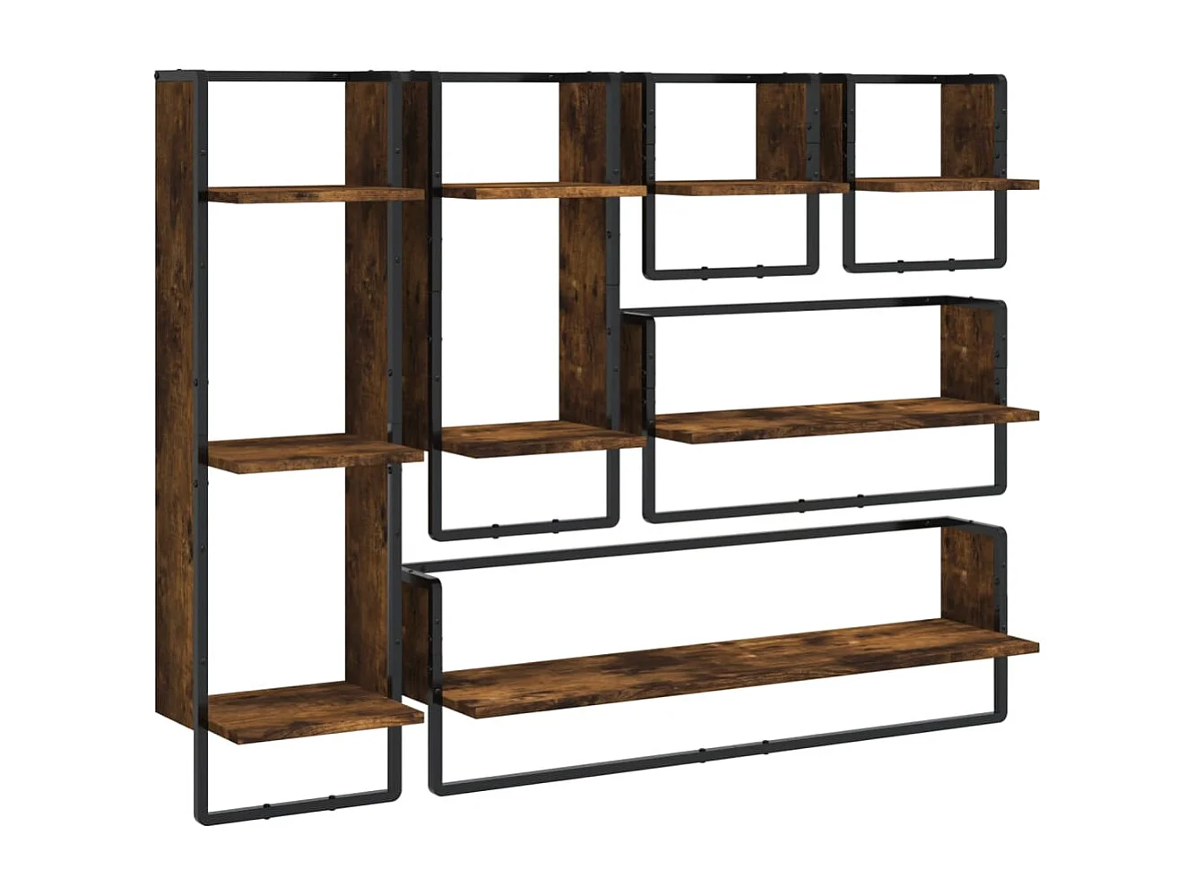 Juego de estantes de pared de 6 piezas con barras, roble ahumado